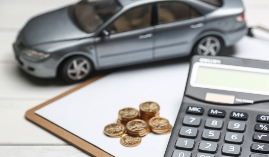 Car model, calculator, coins